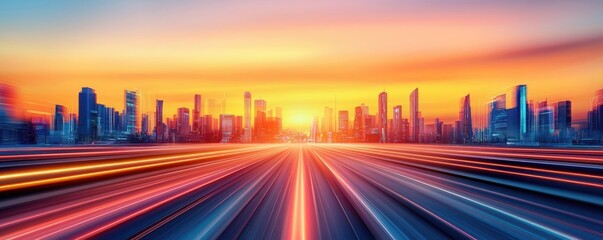 Poster - Motion blur city in a digital future with technology panorama concept. Dynamic city skyline at sunset with motion blur effects.
