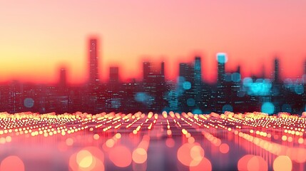 Aufkleber - Motion blur city in a digital future with technology panorama concept. A vibrant cityscape with blurred lights during sunset.