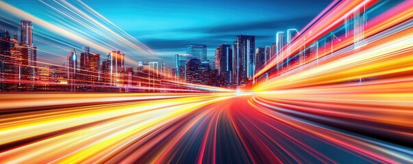 Poster - Motion blur city with futuristic skyline and digital technology concept. Dynamic city skyline with vibrant light trails at twilight.