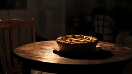 Poster - A delicious pie sitting on a simple wooden table illuminated by elegant cinematic lighting that creates a atmosphere