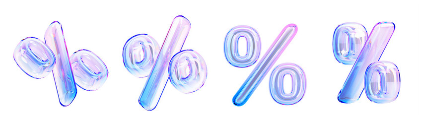 Poster - 3d glass holographic percent sign front and side view. Crystal iridescent percentage icon isolated render set. Hologram gradient texture discount, sale, offer or bonus, rainbow font