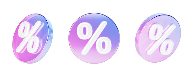 Poster - 3d set of glass holographic circle sale tag or label with percent sign. Rainbow round shopping discount badge with percentage render icon. Crystal bonus, price or offer with gradient