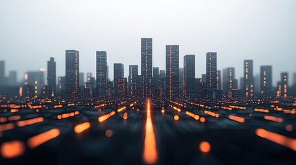 Aufkleber - Motion blur city with futuristic skyline and digital technology concept. Futuristic city skyline with glowing lights at twilight.