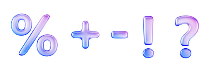 Poster - 3d glass holographic symbols render icon set. Percent sign, question mark, exclamation point, plus and minus with blue pink hologram gradient texture. Isolated glossy design elements