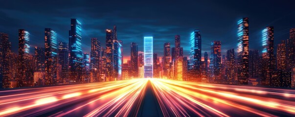 Aufkleber - Motion blur city in a digital future with technology panorama concept. Futuristic city skyline illuminated by vibrant neon lights.