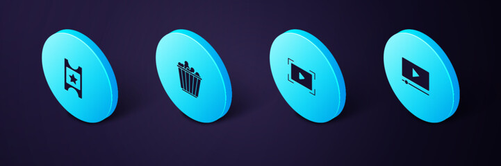 Poster - Set Isometric Online play video, , Popcorn box and Cinema ticket icon. Vector