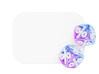 Poster - 3d white board and glass holographic cubes with percent sign on purple background render. Discount percentage banner frame, price sale. Blank whiteboard template with space for text