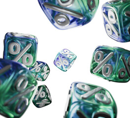 Poster - 3d black friday sale background with falling glass hologram cubes render. Crystal light holographic block, flying square box with green blue gradient and white percentage discount