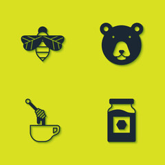 Poster - Set Bee, Jar of honey, Honey dipper stick with and Bear head icon. Vector