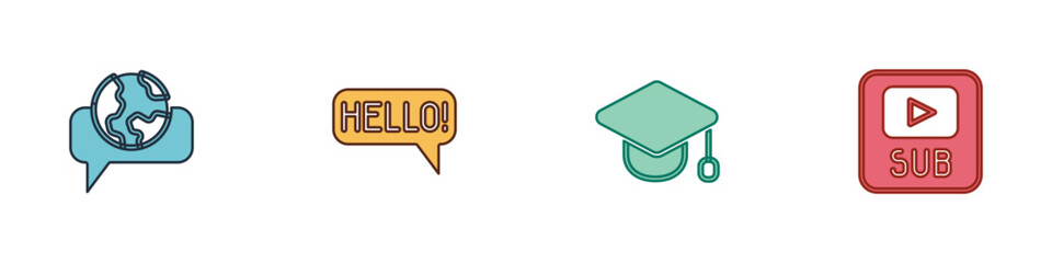 Poster - set learning foreign languages, hello different, graduation cap and video with subtitles icon. vecto