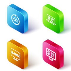 Poster - Set Isometric line Gold bars, Laptop with dollar, Bank building and Monitor icon. Vector