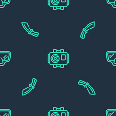 Poster - set line photo camera for diver, diving knife and mask on seamless pattern. vector