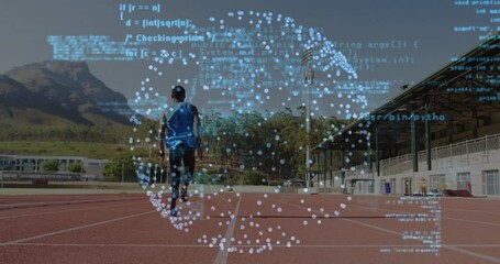 Poster - Runner on track with digital data and coding animation overlay