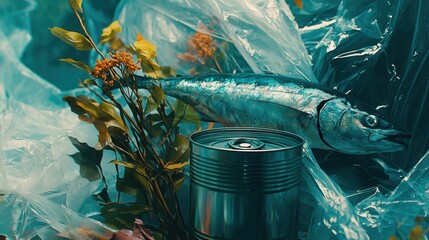 Poster - A conceptual food image with a sleek blue scene, featuring a tuna fish, a tin can, and culinary props.