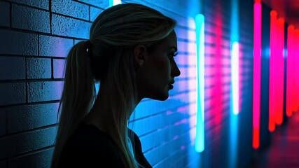 Poster - Woman stands in silhouette against a brightly lit wall with neon lights in an urban setting during nighttime
