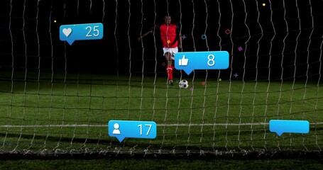 Poster - Kicking ball on field, soccer player with animation of social media notifications
