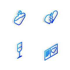 Poster - Set Isometric line Broken heart, Bottle with love potion, Wine glass and Valentines day flyer icon. Vector