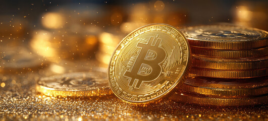 Poster - Golden Bitcoin Cryptocurrency Coins Background with Depth of Field Effect