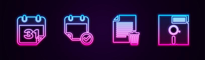Fototapete - Set line Calendar, with check mark, Delete file document and Floppy disk in the 5.25-inch. Glowing neon icon. Vector