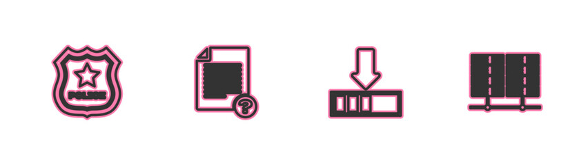 Poster - Set line Police badge, Loading, Unknown document and Server, Data, Web Hosting icon. Vector