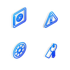 Poster - set isometric line exclamation mark in triangle, safe, and marked key icon. vector