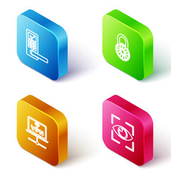 Poster - Set Isometric line Digital door lock with wireless, Safe combination wheel, VPN Computer network and Eye scan icon. Vector