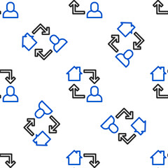 Poster - Line Online working icon isolated seamless pattern on white background. Freelancer man working on laptop at his house. Remote work. Distant job concept. Colorful outline concept. Vector