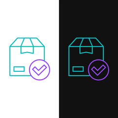 Fototapete - Line Package box with check mark icon isolated on white and black background. Parcel box with checkmark. Approved delivery or successful package receipt. Colorful outline concept. Vector