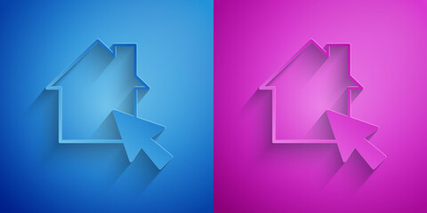 Poster - Paper cut Online working icon isolated on blue and purple background. Freelancer man working on laptop at his house. Remote work. Distant job concept. Paper art style. Vector