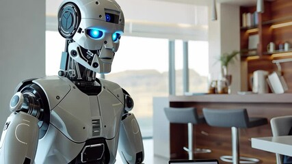 Poster - A humanoid robot stands by in a well-designed office as a business person engages in phone calls and manages work assignments