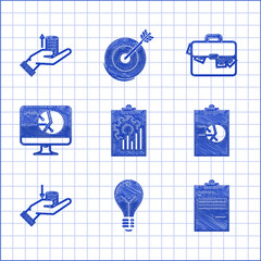 Poster - set clipboard with graph chart, light bulb concept of idea, document, money hand, computer monitor, 