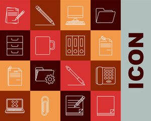 Poster - Set line File document, Telephone, Note paper with pinned pushbutton, Computer monitor keyboard, Coffee cup, Drawer documents, Blank notebook and pencil eraser and Office folders papers icon. Vector