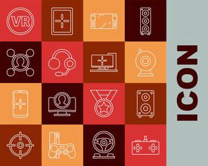 Poster - Set line Gamepad, Stereo speaker, Web camera, Portable video game console, Headphones, Share, Virtual reality glasses and Computer monitor icon. Vector