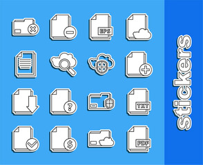 Poster - Set line PDF file document, TXT, Add new, EPS, Search cloud computing, Document, Delete folder and Cloud and shield icon. Vector