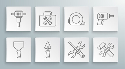 Poster - Set line Putty knife, Toolbox, Trowel, Screwdriver and wrench, Hammer, Roulette construction, Electric drill machine and Construction jackhammer icon. Vector