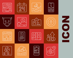 Poster - Set line Mobile stock trading, Financial growth and coin, Bitcoin, Online internet auction, Website with graph, Bull market, Trading courses and Identification badge icon. Vector