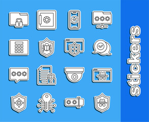 Poster - Set line Incognito mode, Browser incognito window, Check mark speech bubble, Smartphone, System bug, Password protection, Folder and lock and with shield icon. Vector