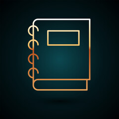 Poster - Gold line Notebook icon isolated on dark blue background. Spiral notepad icon. School notebook. Writing pad. Diary for school. Vector