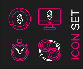 Poster - set line gear and arrows as workflow process concept, stopwatch, computer monitor with dollar symbol