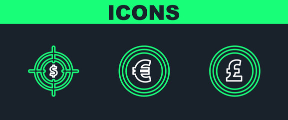 Poster - set line coin money with pound sterling symbol, target dollar and euro icon. vector