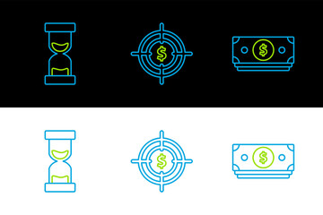 Poster - set line stacks paper money cash, old hourglass with flowing sand and target dollar symbol icon. vec