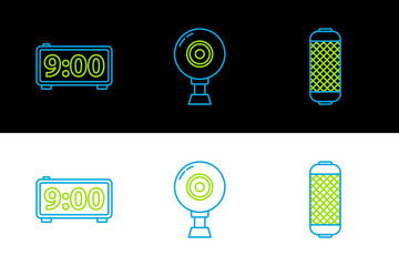 Poster - set line stereo speaker, digital alarm clock and web camera icon. vector