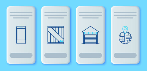 Poster - set line wooden box, closed warehouse, mobile phone with app delivery tracking and icon. vector