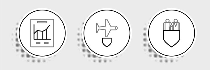 Poster - set line family insurance with shield, document graph chart and plane icon. vector