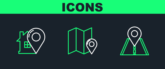 Poster - Set line Road traffic sign, Map pointer with house and Folded map location marker icon. Vector