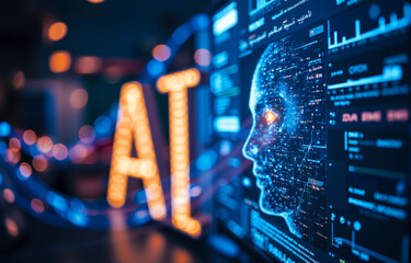 Poster - Artificial intelligence AI concept with human digital face, machine learning, data visualization, futuristic design, innovation, technology, science, neural networks