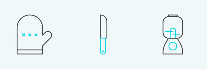 Poster - Set line Blender, Oven glove and Knife icon. Vector