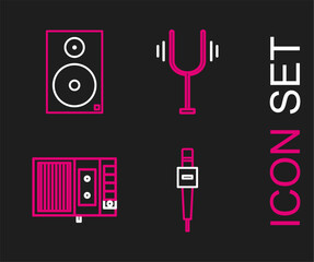 Poster - Set line Microphone, Music tape player, Musical tuning fork and Stereo speaker icon. Vector
