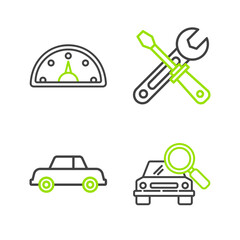 Aufkleber - Set line Car search, Screwdriver and wrench tools and Speedometer icon. Vector