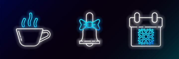 Poster - set line calendar, coffee cup and merry christmas ringing bell icon. glowing neon. vector